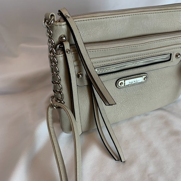 Nicole by Nicole Miller Handbag Crossbody Purse Beige Multi Zippers Adjust Strap - Picture 7 of 16